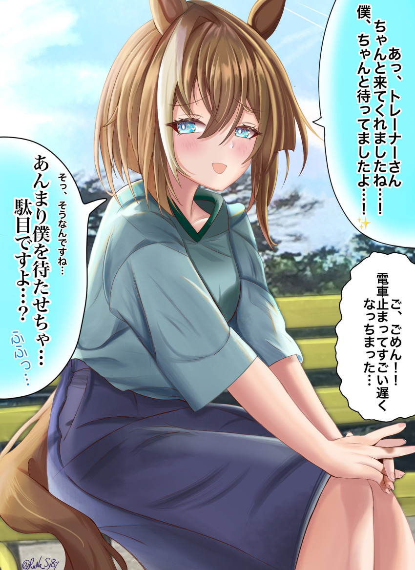 1girl, animal_ears, bench, blue_eyes, blush, breasts, brown_hair, cheval_grand_(umamusume)