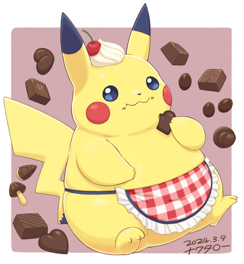 :3, animal_focus, apron, blue_eyes, border, candy, cherry, chocolate