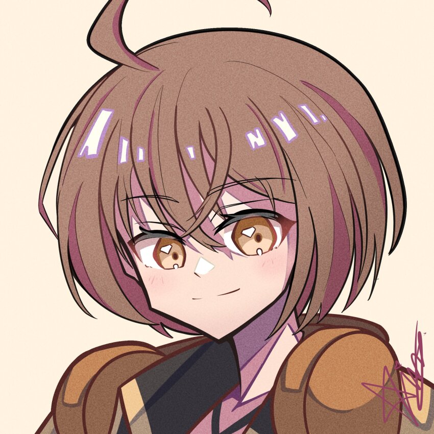 1girl, ahoge, artist_name, assault_lily, black_shirt, brown_background, brown_eyes, brown_hair