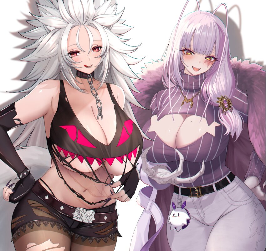 2girls, animal_ears, antenna_hair, arthropod_girl, black_gloves, black_nails, black_pantyhose, black_shirt