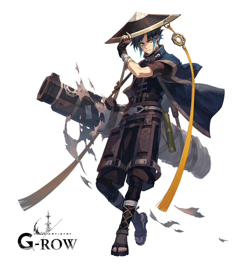 1boy, black_gloves, blue_hair, brown_shorts, closed_mouth, commentary_request, fingerless_gloves, full_body