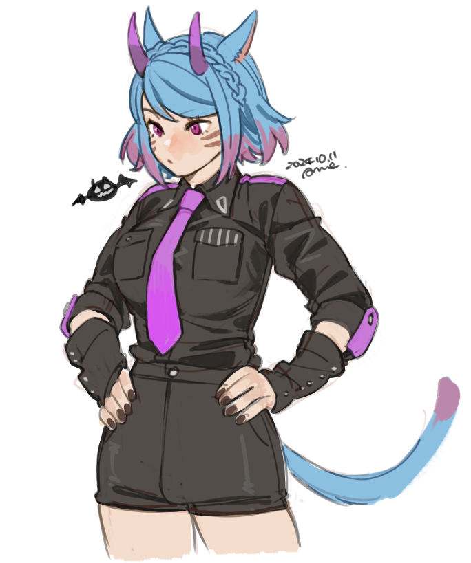 1girl, animal_ears, black_gloves, black_shirt, black_shorts, blue_hair, breasts, brown_nails, cat_ears, cat_girl, cat_tail, closed_mouth, commentary_request, cowboy_shot, dated, facial_mark, final_fantasy, final_fantasy_xiv, gloves, hand_on_own_hip, hellocockatoo, horns, large_breasts, long_sleeves, miqo'te, multicolored_hair, necktie, purple_eyes, purple_hair, purple_necktie, shirt, short_hair, shorts, simple_background, solo, streaked_hair, tail, warrior_of_light_(ff14), whisker_markings, white_background