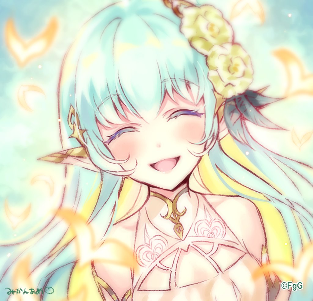 1girl, ^_^, ainanna_(ta_ga_tame_no_alchemist), aqua_hair, bare_shoulders, closed_eyes, commentary_request, dress, elf, facing_viewer, flower, green_flower, hair_flower, hair_ornament, long_hair, mikan_ame_(gumi), official_art, open_mouth, pointy_ears, second-party_source, signature, solo, ta_ga_tame_no_alchemist, upper_body, white_dress