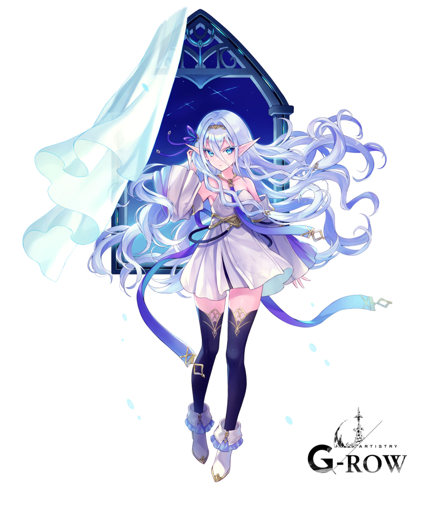 1girl, aqua_hair, bare_shoulders, black_thighhighs, blue_eyes, blue_hair, boots, closed_mouth, commentary_request, curtains, detached_sleeves, dress, elf, floating_hair, full_body, hair_ribbon, hand_on_own_ear, helene_(ta_ga_tame_no_alchemist), highres, long_hair, mikan_ame_(gumi), night, off-shoulder_dress, off_shoulder, official_art, pointy_ears, purple_ribbon, purple_thighhighs, ribbon, second-party_source, sky, solo, standing, ta_ga_tame_no_alchemist, thighhighs, white_background, white_boots, white_dress, window