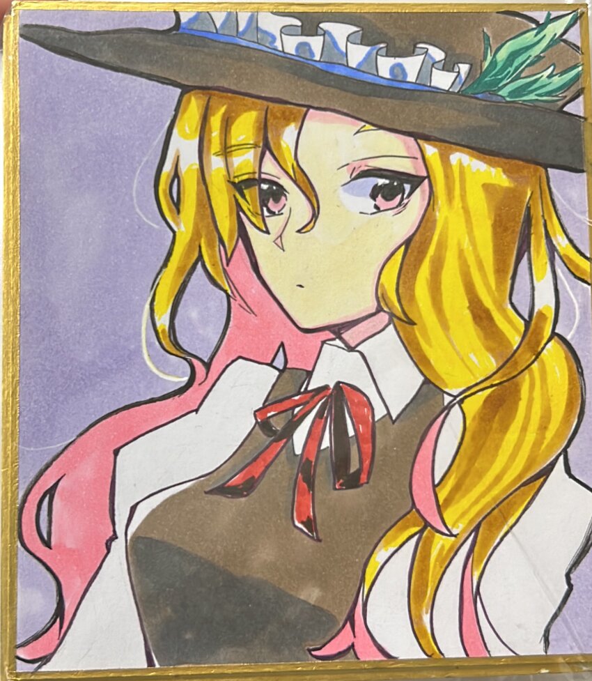 1girl, blonde_hair, breasts, brown_eyes, brown_hat, brown_vest, closed_mouth, collared_shirt, commentary_request, expressionless, frilled_hat, frills, hat, hat_feather, highres, jacket_girl_(dipp), juliet_sleeves, liliecstyle, long_hair, long_sleeves, medium_breasts, neck_ribbon, puffy_sleeves, purple_background, red_ribbon, ribbon, shirt, solo, touhou, traditional_media, upper_body, very_long_hair, vest, white_shirt
