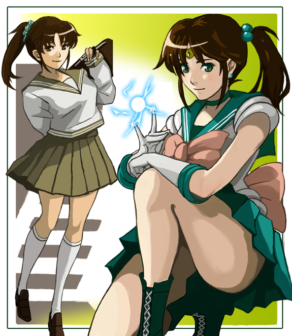 1990s_(style), 1girl, bishoujo_senshi_sailor_moon, boots, bow, dual_persona, green_boots, green_skirt, hagitotoro, kino_makoto, magical_girl, multiple_views, pink_bow, retro_artstyle, sailor_collar, sailor_jupiter, sailor_senshi_uniform, school_uniform, serafuku, skirt