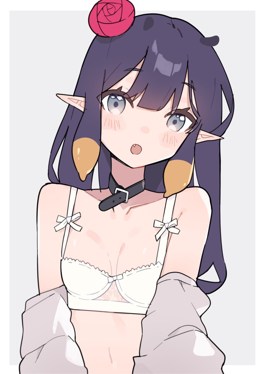 1girl, absurdres, bare_shoulders, blush, bra, breasts, breasts_apart, collar