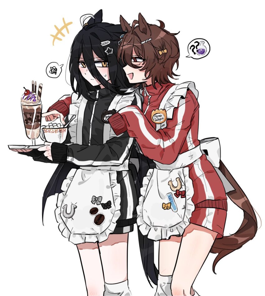 +++, 2girls, agnes_tachyon_(umamusume), ahoge, animal_ears, apron, arm_around_shoulder, black_hair, black_jacket, black_shorts, brown_hair, character_name, cup, feet_out_of_frame, food, glaring, gyosu0413, hair_between_eyes, hair_ornament, hairclip, highres, holding, holding_plate, holding_tray, horse_ears, horse_girl, horse_tail, ice_cream, jacket, jersey_maid, long_hair, looking_at_another, loose_socks, maid, manhattan_cafe_(umamusume), multiple_girls, name_tag, open_mouth, plate, pointing, red_eyes, red_jacket, red_shorts, short_hair, shorts, simple_background, sleeves_past_wrists, socks, speech_bubble, spoken_object, spoken_squiggle, squiggle, standing, sugar_cube, sundae, sweatdrop, tail, track_jacket, tray, umamusume, unconventional_maid, waist_apron, white_background, yellow_eyes