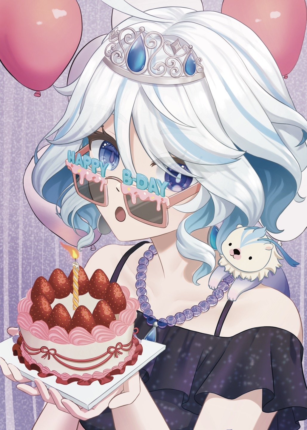 1girl, ahoge, balloon, birthday, blue_eyes, blue_hair, furina_(genshin_impact), genshin_impact