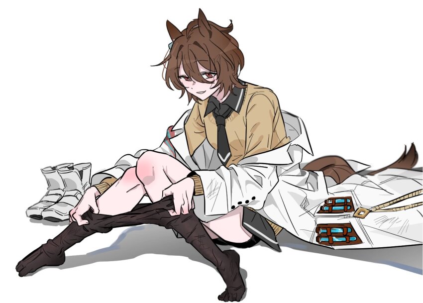 1girl, agnes_tachyon_(tach-nology)_(umamusume), agnes_tachyon_(umamusume), ahoge, animal_ears, bike_shorts, black_necktie, black_shirt, boots, breasts, brown_hair, brown_pantyhose, collared_shirt, gyosu0413, hair_between_eyes, horse_ears, horse_girl, horse_tail, lab_coat, long_sleeves, necktie, pantyhose, red_eyes, shadow, shirt, short_hair, short_necktie, sitting, small_breasts, smile, solo, sweater, tail, test_tube, umamusume, undressing, unworn_boots, white_background, white_boots, yellow_sweater