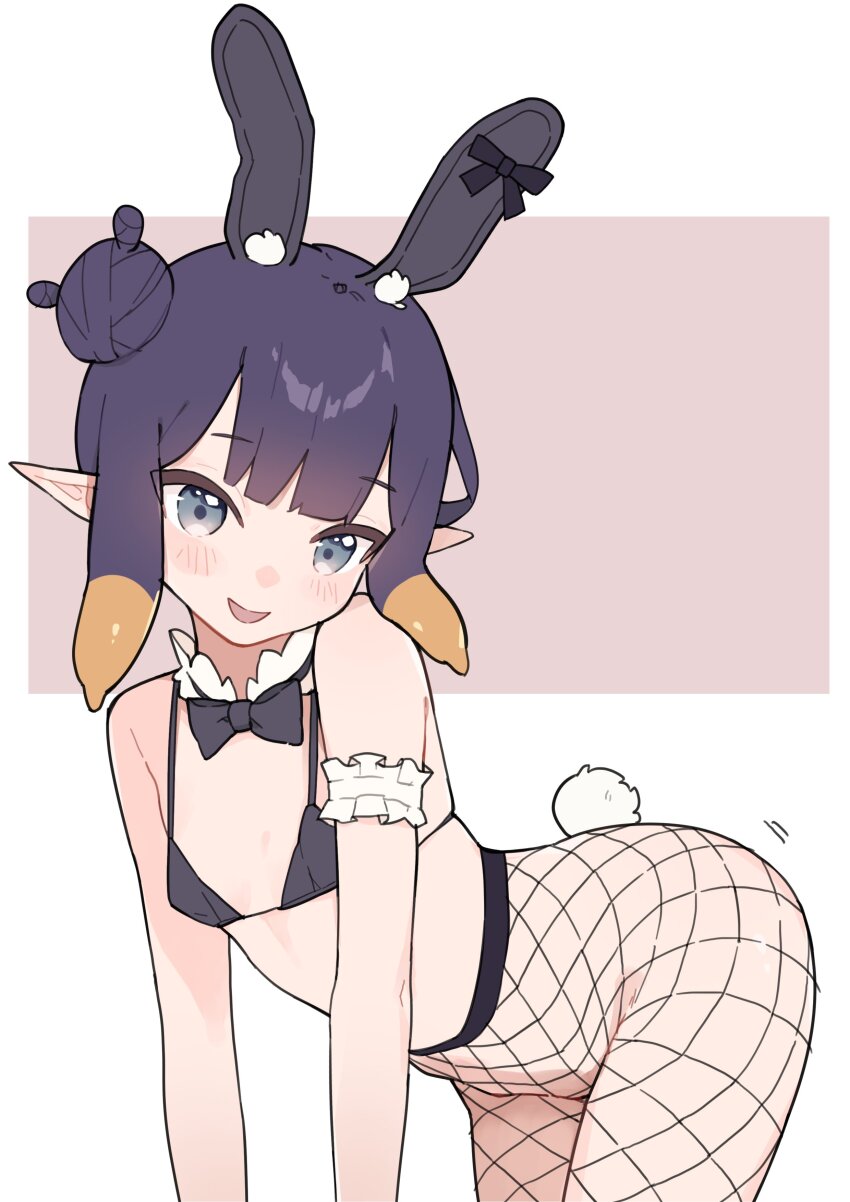 1girl, absurdres, all_fours, animal_ears, bare_shoulders, blue_eyes, blush, fake_animal_ears, fishnet_pantyhose, fishnets, flat_chest, highres, hololive, hololive_english, looking_at_viewer, lucabassiart, ninomae_ina'nis, no_panties, pantyhose, pointy_ears, purple_hair, rabbit_ears, rabbit_tail, solo, tagme, virtual_youtuber
