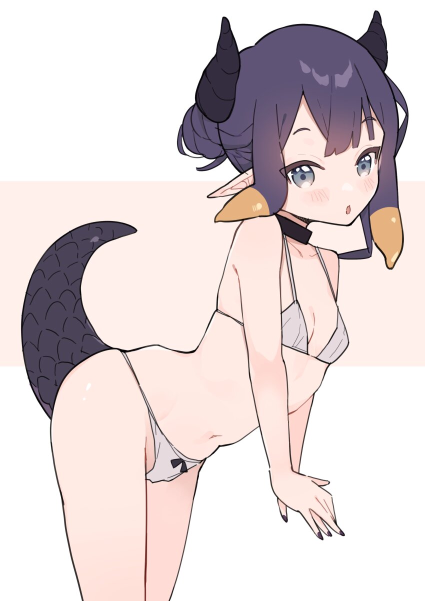 1girl, absurdres, blue_eyes, blush, bra, choker, collarbone, flat_chest, highres, hololive, hololive_english, horns, leaning_forward, loli, lucabassiart, nail_polish, navel, ninomae_ina'nis, panties, pointy_ears, purple_hair, solo, tail, underwear, virtual_youtuber, white_panties