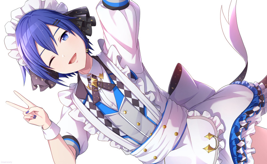 1boy, ;d, alternate_costume, apron, arm_up, black_nails, blue_eyes, blue_hair