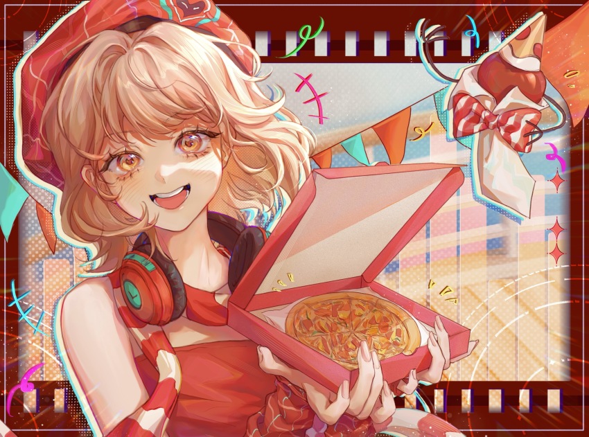 +++, 1girl, :d, absurdres, apple, apple_(reverse:1999), arm_warmers, bare_shoulders