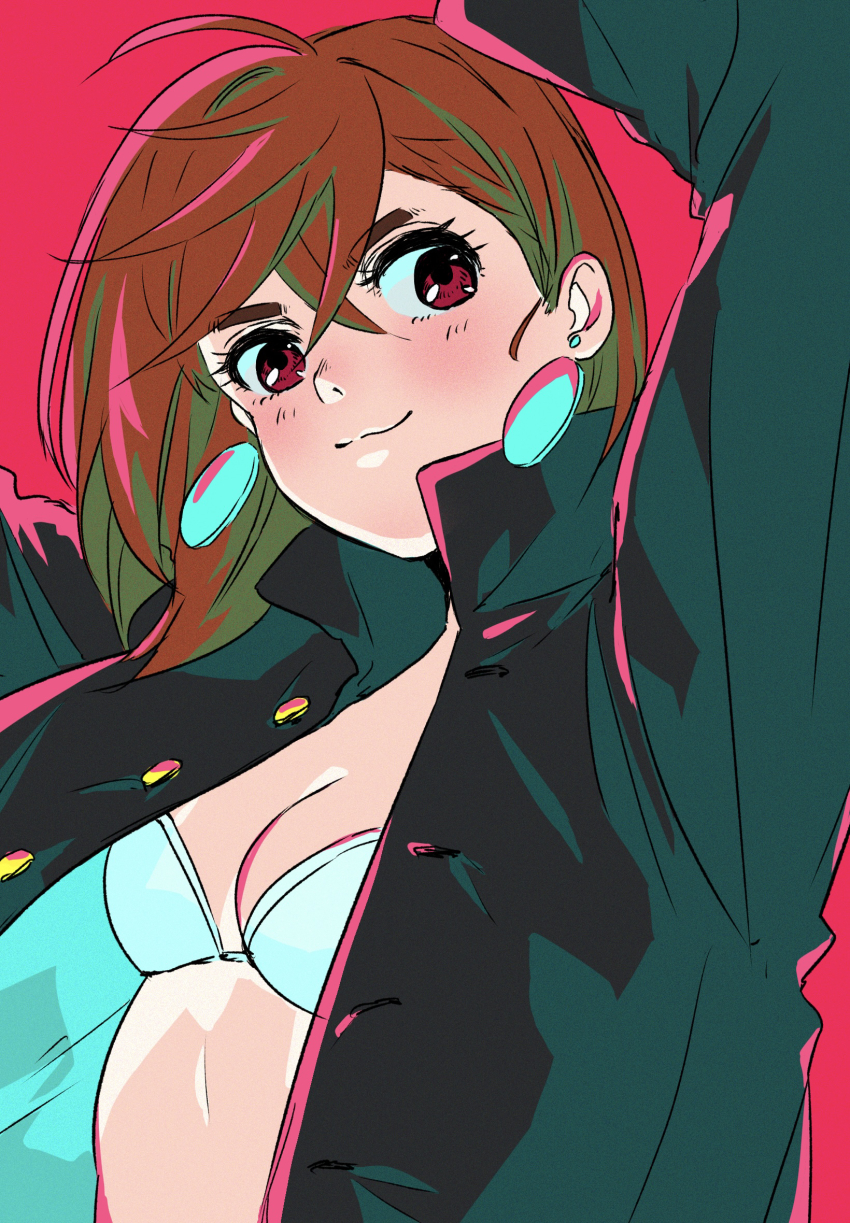 1girl, arms_up, ayase_momo, bra, breasts, brown_eyes, brown_hair, cleavage, dandadan, earrings, gakuran, highres, jacket, jewelry, open_clothes, open_jacket, pink_background, school_uniform, small_breasts, smile, solo, underwear, user_nvjp3355, white_bra