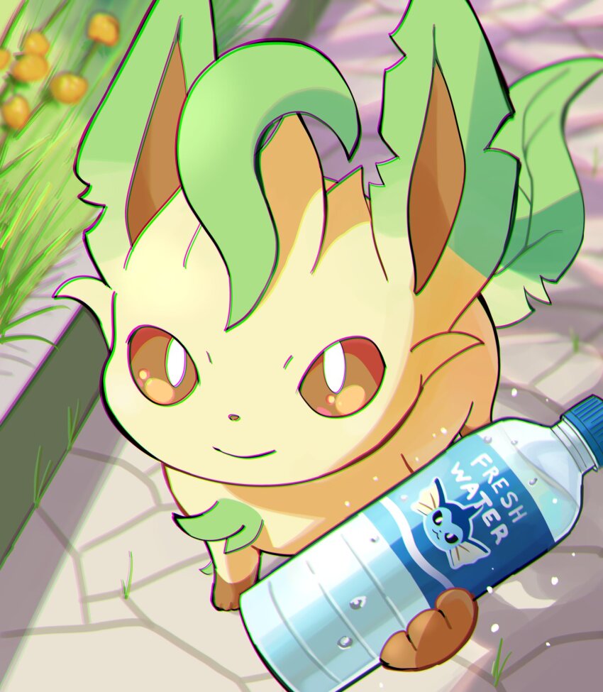 bottle, bright_pupils, brown_eyes, closed_mouth, gen_1_pokemon, gen_4_pokemon, grass, highres