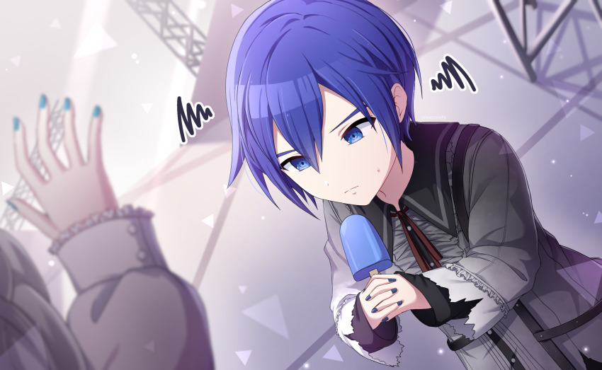 1boy, 1girl, 25-ji_kaito, 25-ji_miku, arm_up, blue_eyes, blue_hair, buttoned_cuffs