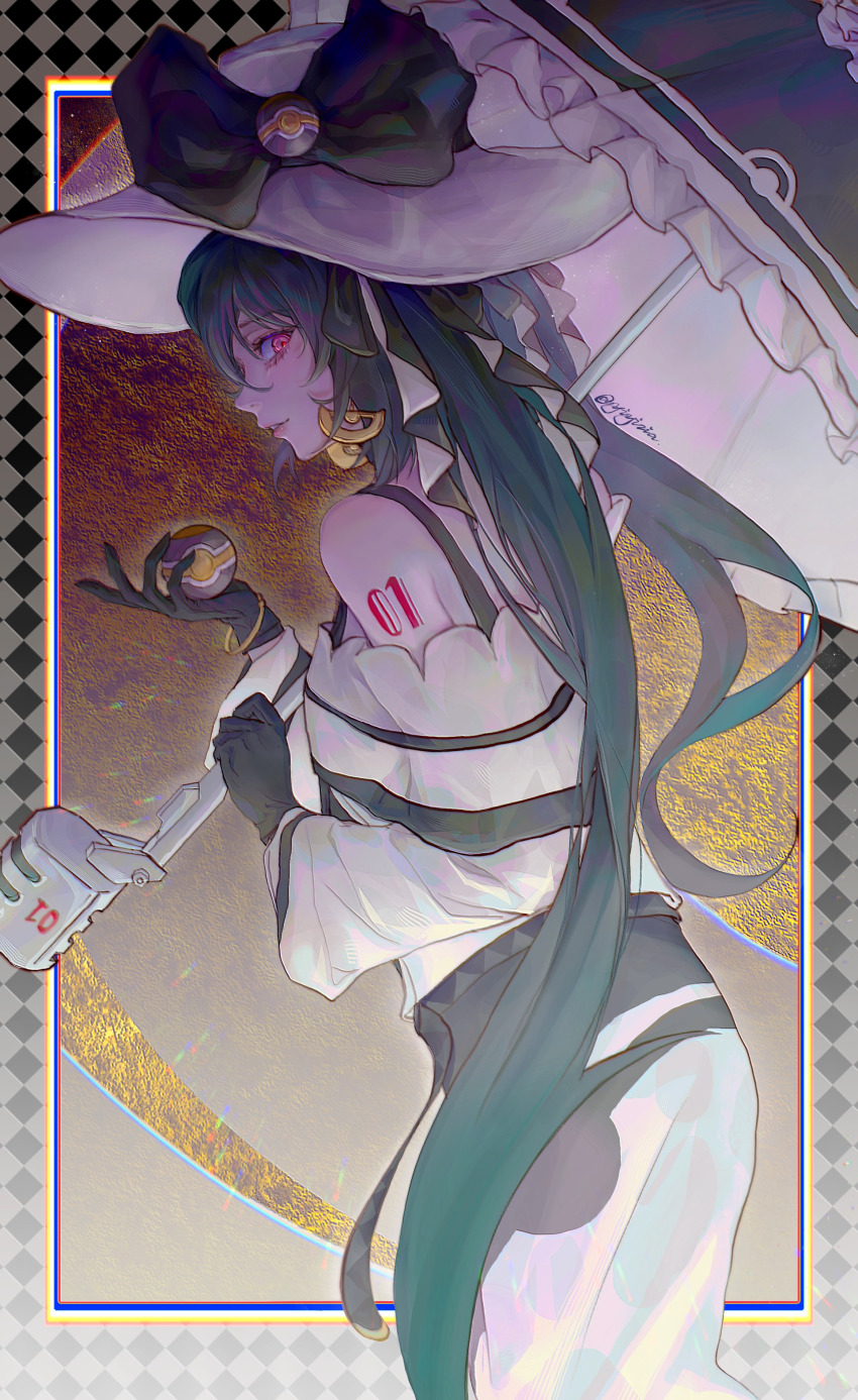 1girl, absurdres, argyle_border, bare_shoulders, black_bow, black_gloves, border, bow, brown_background, cowboy_shot, dark_miku_(project_voltage), dress, earrings, from_side, gloves, gradient_border, green_hair, grey_border, hands_up, hat, hat_bow, hatsune_miku, highres, holding, holding_poke_ball, holding_umbrella, jewelry, long_hair, looking_at_viewer, luxury_ball, nintendo, number_tattoo, off-shoulder_dress, off_shoulder, outside_border, pale_skin, poke_ball, pokemon, profile, project_voltage, red_eyes, shoulder_tattoo, solo, sun_hat, tattoo, twintails, umbrella, umbrella_over_shoulder, uneven_twintails, very_long_hair, vocaloid, white_dress, white_hat, white_umbrella, yiyizia