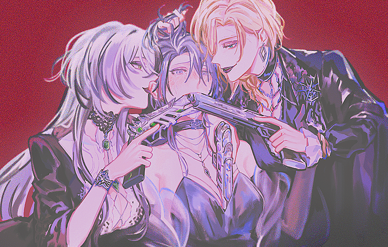 3girls, aiwairanai, biting, biting_ear, black_choker, black_dress, blonde_hair, breasts, chief_(path_to_nowhere), choker, cleavage, collarbone, crying, dress, earrings, female_chief_(path_to_nowhere), forehead_tattoo, girl_sandwich, gun, gun_in_mouth, handgun, jewelry, langley_(path_to_nowhere), medium_hair, mole, mole_on_neck, multiple_girls, oak_casket_(path_to_nowhere), path_to_nowhere, playing_with_hair, red_background, sandwiched, simple_background, spaghetti_strap, spider_tattoo, streaming_tears, tattoo, tears, two-tone_dress, weapon, white_dress, yuri