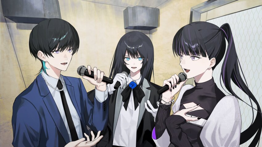 1boy, 2girls, :d, absurdres, ado_(utaite), amn_ic01, aqua_eyes, aqua_hair