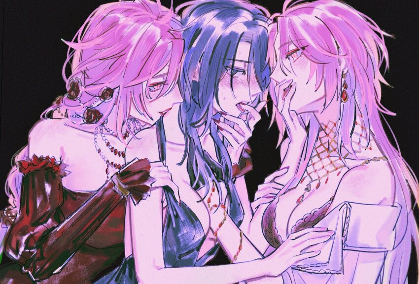 3girls, aiwairanai, arm_between_breasts, bare_arms, bare_shoulders, between_breasts, black_background, black_dress, black_gloves, black_hair, blush, braid, breasts, chief_(path_to_nowhere), cleavage, collarbone, countess_chelsea_(path_to_nowhere), detached_sleeves, dress, female_chief_(path_to_nowhere), flower, girl_sandwich, gloves, hair_flower, hair_ornament, half_gloves, highres, jacket, jewelry, kiss, kissing_neck, large_breasts, licking, licking_another's_finger, licking_finger, long_hair, medium_breasts, multiple_girls, multiple_necklaces, nail_polish, necklace, off_shoulder, path_to_nowhere, pink_eyes, pink_hair, red_dress, red_flower, red_lips, red_nails, red_rose, red_sleeves, rose, sandwiched, simple_background, slit_pupils, strapless, strapless_dress, upper_body, white_jacket, yuri