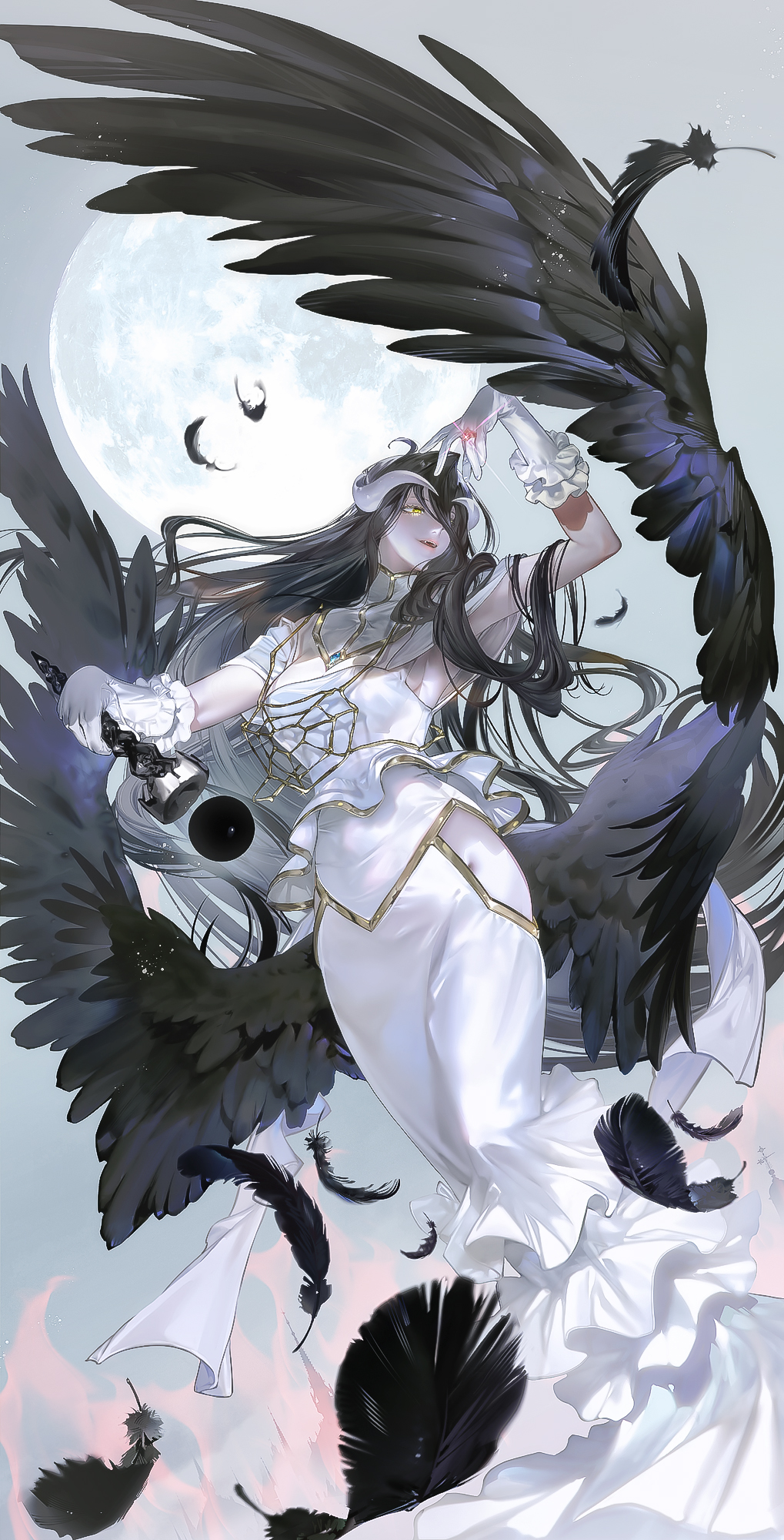 1girl, :d, absurdly_long_hair, ahoge, albedo_(overlord), angel_wings, arm_up, back_ribbon