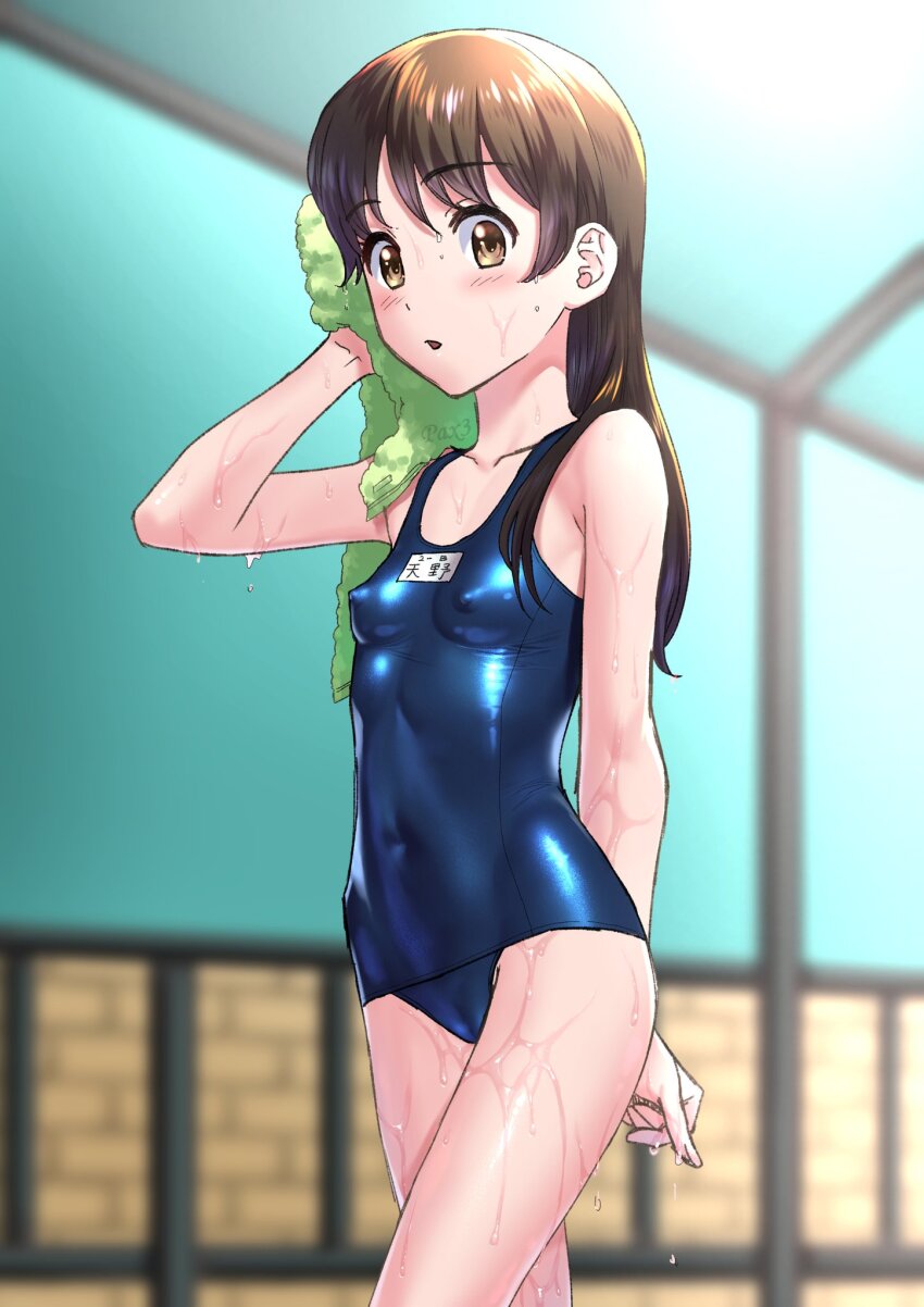 1girl, amano_natsume, blue_one-piece_swimsuit, blurry, blurry_background, breasts, brown_eyes, brown_hair, collarbone, cowboy_shot, highres, long_hair, name_tag, old_school_swimsuit, one-piece_swimsuit, paxmagellanic3, school_swimsuit, small_breasts, solo, swimsuit, towel, wet, wet_clothes, wet_swimsuit, youkai_watch, youkai_watch_shadowside