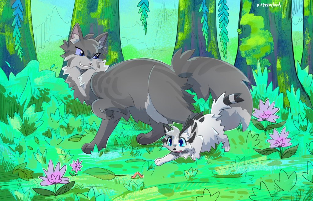 age_difference, animal, animal_focus, baby_animal, blue_eyes, cat, cinderheart, commentary, flower, forest, green_theme, grey_cat, grey_fur, ivypool, kitten, kitty_(fernwhisker), nature, no_humans, omen_of_the_stars, outdoors, size_difference, tail, tree, warrior_cats, worm