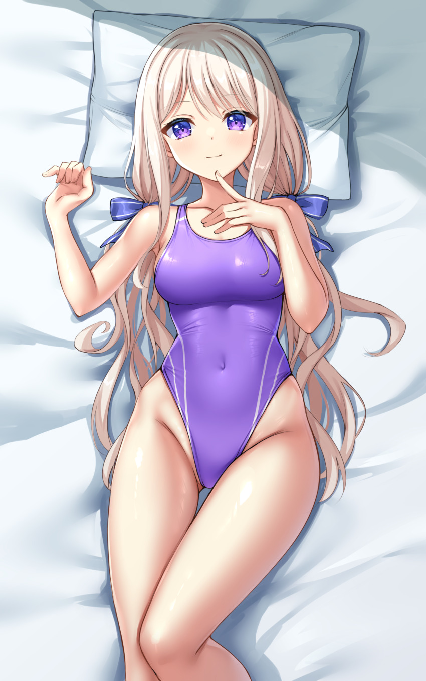 1girl, ambitious_mission, arise_atena, blonde_hair, breasts, commentary_request, commission, competition_swimsuit, covered_navel, feet_out_of_frame, gluteal_fold, groin, hair_spread_out, head_on_pillow, highleg, highleg_one-piece_swimsuit, highres, long_hair, looking_at_viewer, low_twintails, medium_breasts, ncontrail_(mgax7527), one-piece_swimsuit, pillow, purple_eyes, purple_one-piece_swimsuit, skeb_commission, solo, swimsuit, thigh_gap, twintails
