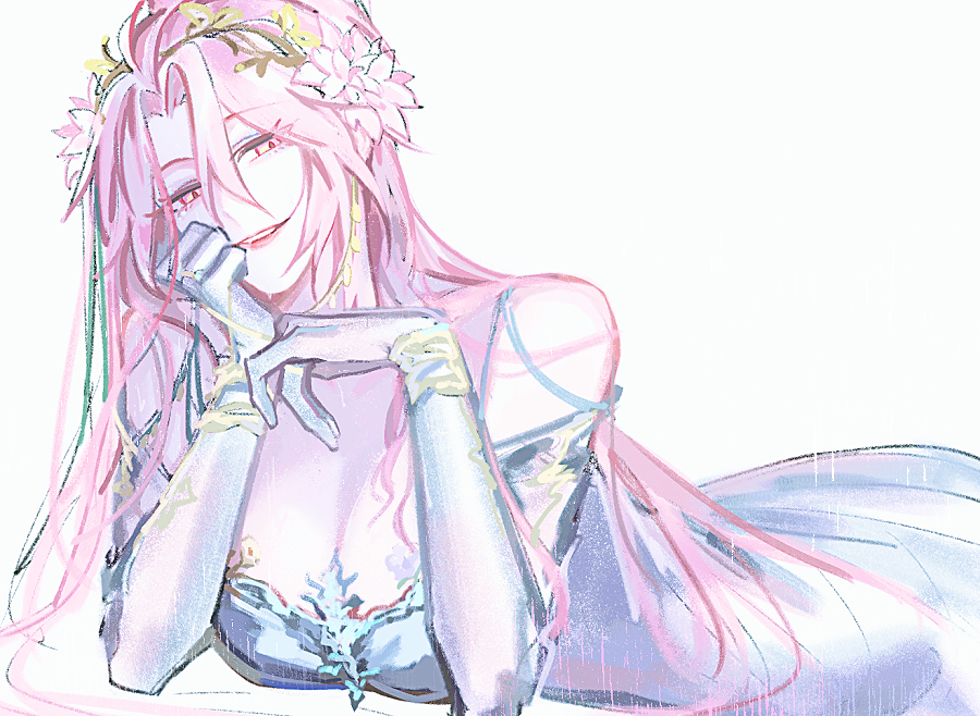 1girl, aiwairanai, bare_shoulders, breasts, chemise, cleavage, countess_chelsea_(path_to_nowhere), elbow_gloves