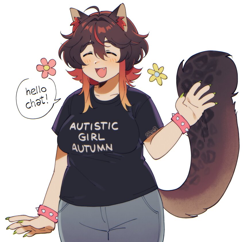 1girl, absurdres, ahoge, animal_ears, autism, black_shirt, bracelet, breasts