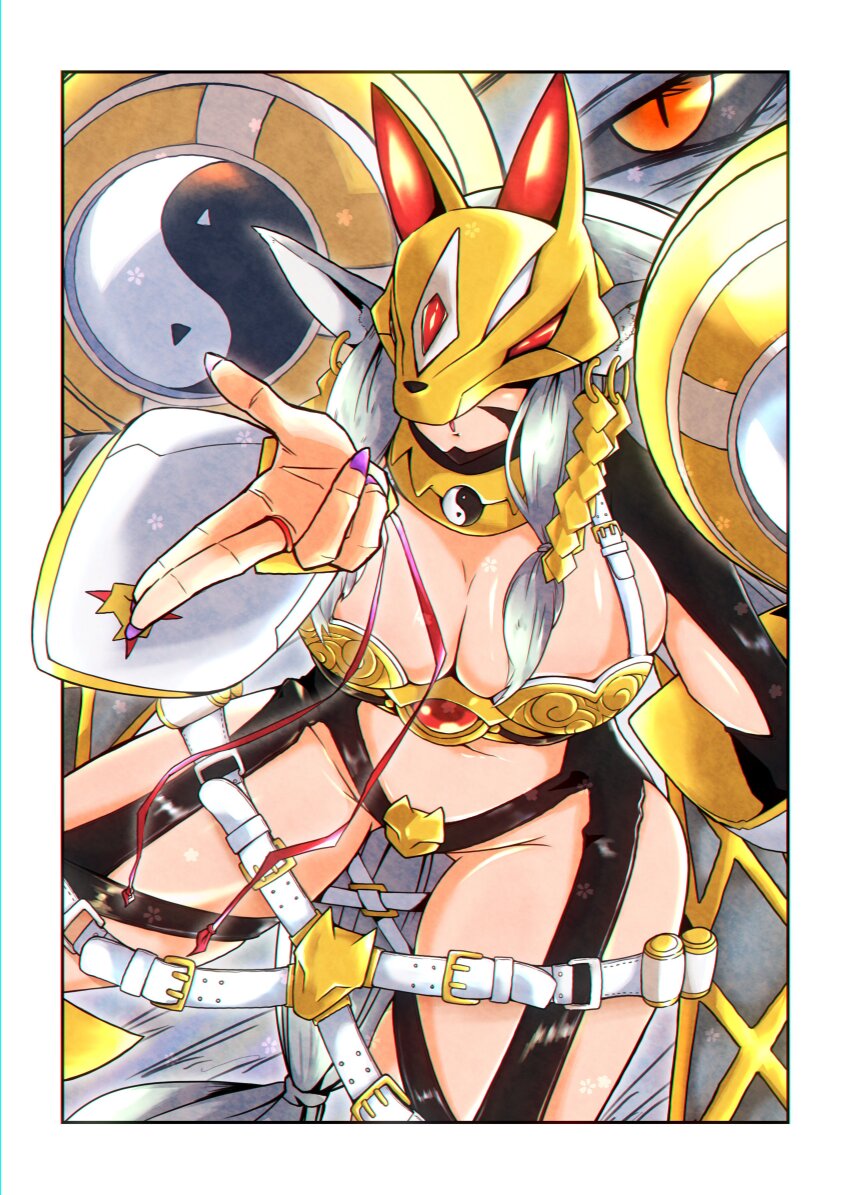 1girl, absurdres, armor, bikini_armor, blowing_kiss, breasts, cleavage, cowboy_shot