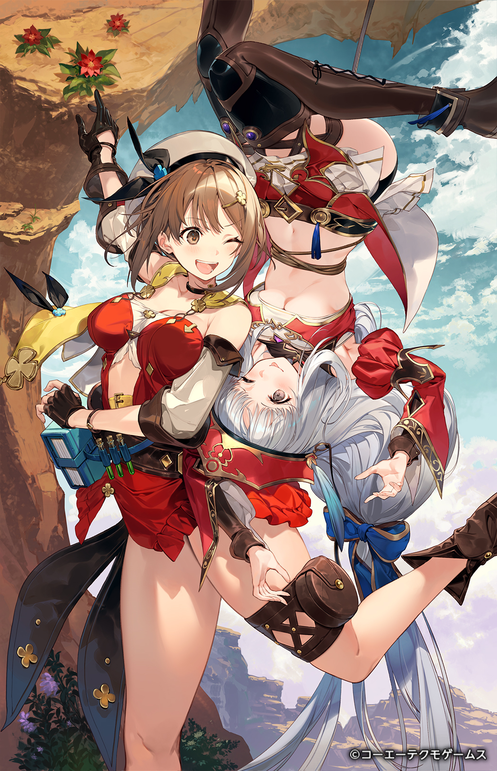 2girls, armpits, atelier_(series), atelier_judie, atelier_ryza, bare_shoulders, belt, beret