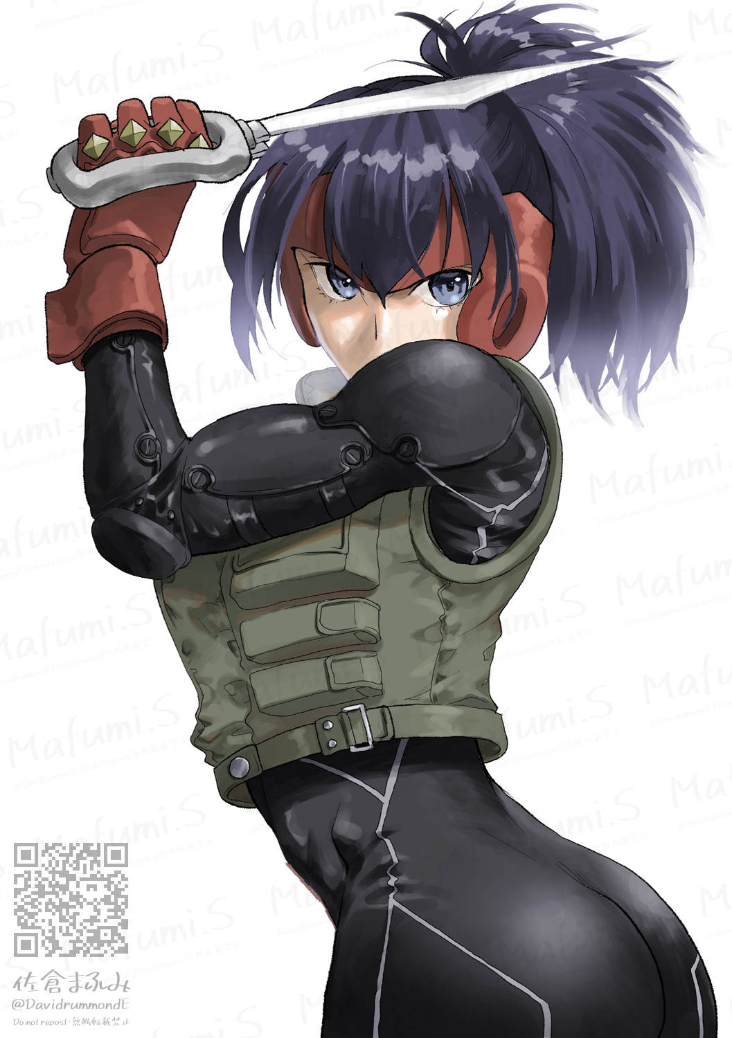 1girl, artist_name, ass, blue_eyes, blue_hair, bodysuit, collared_vest, combat_knife
