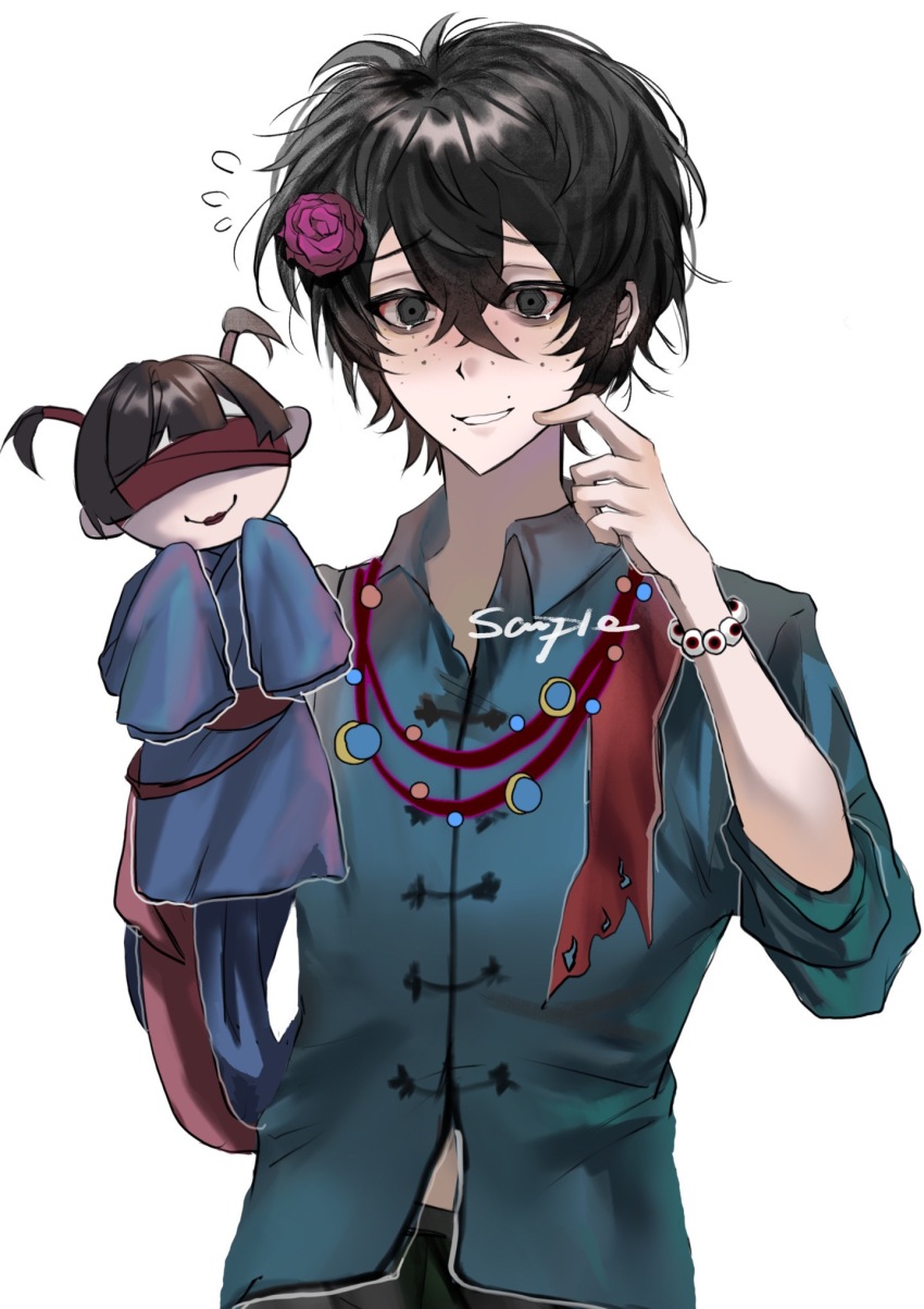 1boy, black_eyes, black_hair, blue_shirt, chinese_commentary, collared_shirt, commentary_request, finger_to_cheek, flower, freckles, fu_shun_(touqi_guaitan), hair_between_eyes, hair_flower, hair_ornament, hand_puppet, highres, male_focus, pink_flower, puppet, shirt, short_hair, simple_background, sleeves_rolled_up, smile, solo, touqi_guaitan, upper_body, white_background, yonggong_dadi