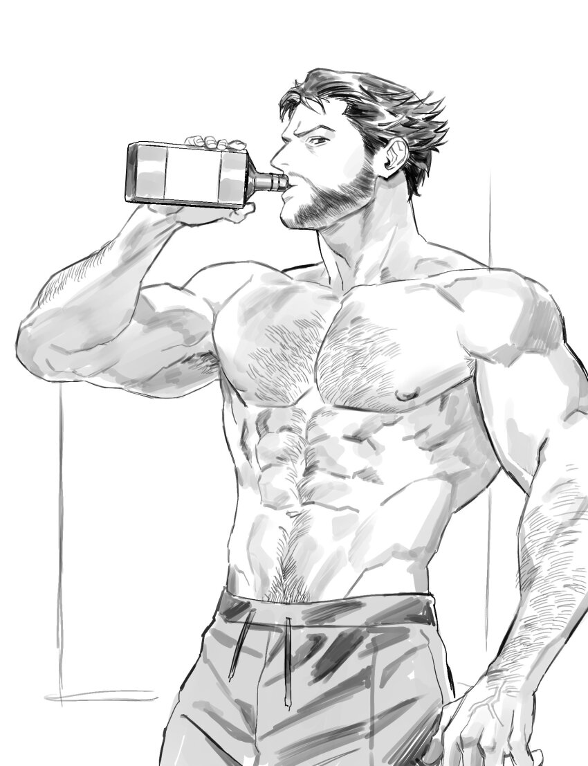 1boy, abs, armpit_hair, bottle, chest_hair, commentary_request, deadpool_&amp;_wolverine, deadpool_(series)
