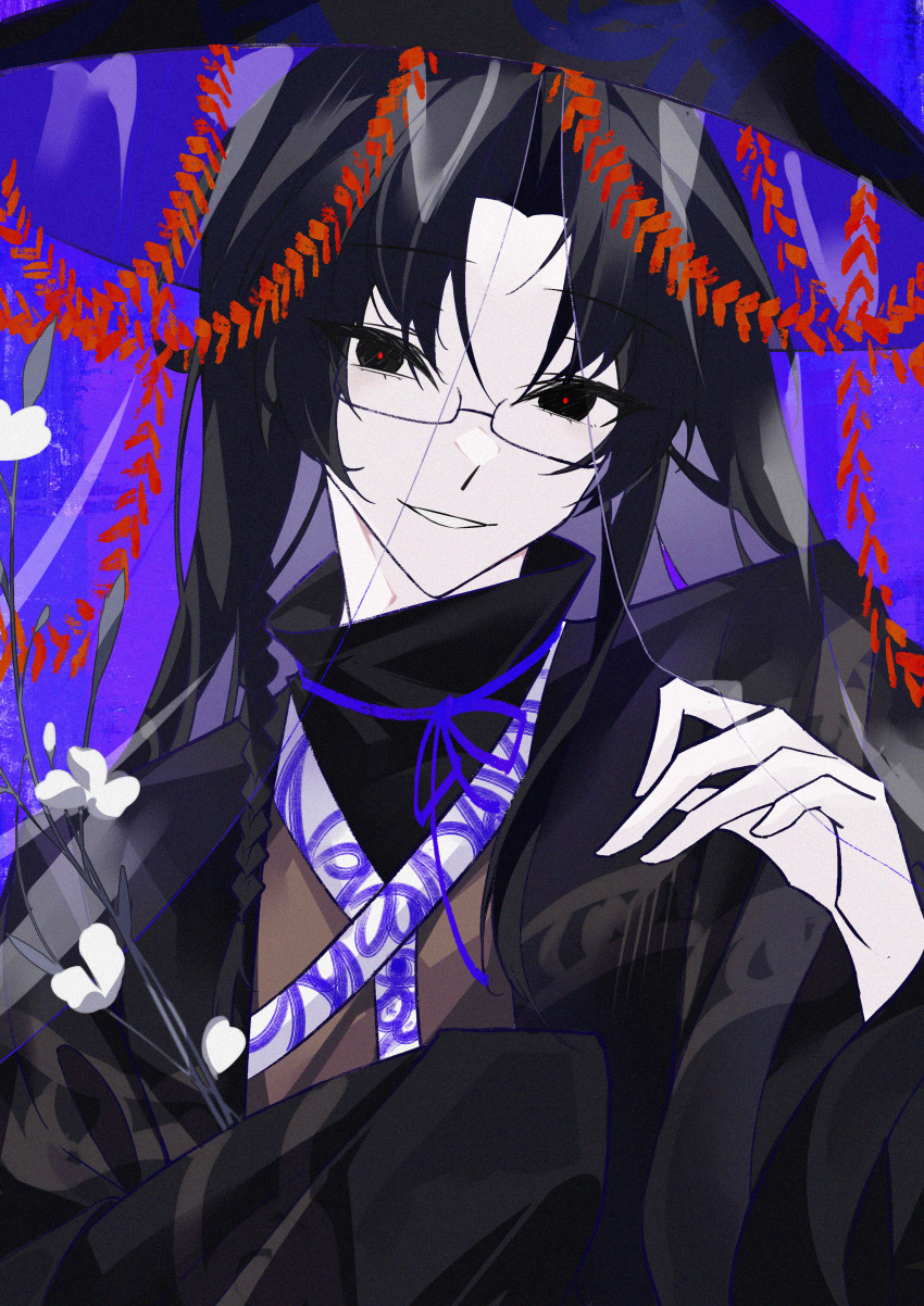 1boy, absurdres, black_eyes, black_hair, black_jacket, braid, brown_hanfu, chinese_clothes, chinese_commentary, commentary_request, curtained_hair, equal_(xinjinjumin1523030), film_grain, glasses, gu_nianxun, hanfu, highres, huayangshan_jishi, jacket, long_hair, long_sleeves, looking_at_viewer, male_focus, open_clothes, open_jacket, pale_skin, parted_bangs, rectangular_eyewear, red_pupils, semi-rimless_eyewear, smile, solo, turtleneck, upper_body, veil, weimao