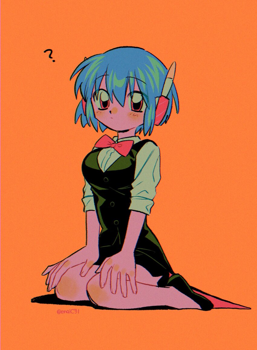 1girl, ?, black_footwear, blue_hair, blush, bow, bowtie, breasts