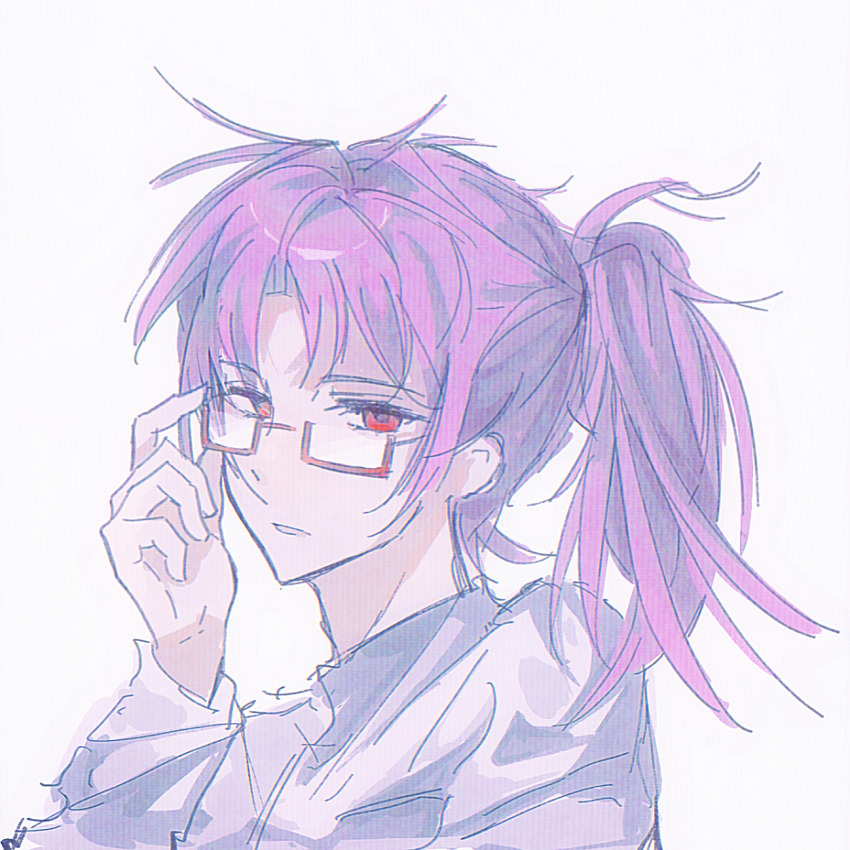 1boy, adjusting_eyewear, alternate_hairstyle, chinese_commentary, commentary_request, glasses, hatsutori_hajime, highres, long_sleeves, male_focus, parted_bangs, parted_lips, pink_hair, portrait, rectangular_eyewear, red-framed_eyewear, red_eyes, saibou_shinkyoku, semi-rimless_eyewear, shirt, side_ponytail, simple_background, solo, white_background, white_shirt, youshendesu