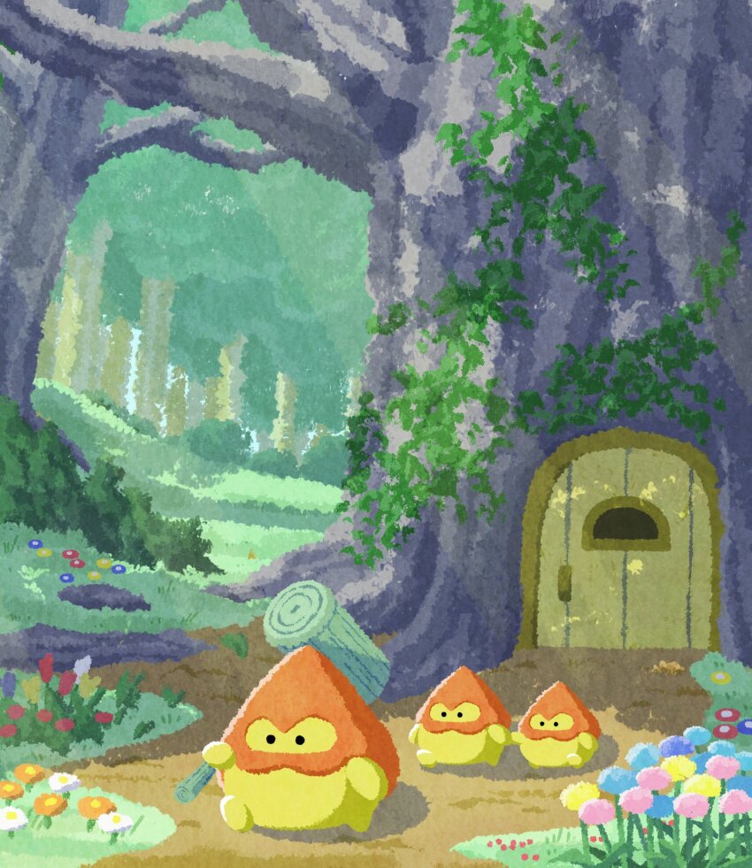 3others, blue_flower, door, dragon_quest, flower, forest, grass, hammer