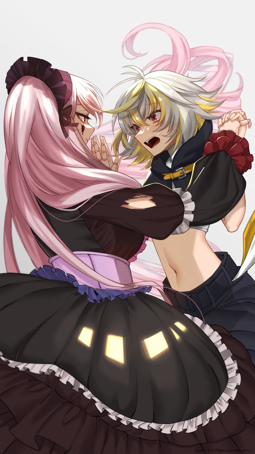 2girls, absurdres, ahoge, belt, black_belt, black_dress, black_pants, blonde_hair