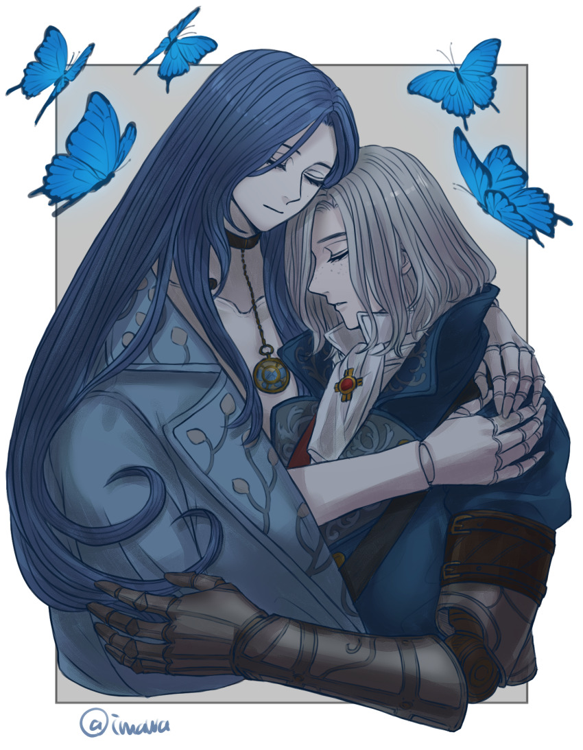 1boy, 1girl, affectionate, ascot, blue_coat, blue_hair, border, closed_eyes, closed_mouth, coat, collarbone, commentary_request, doll_joints, grey_background, grey_hair, highres, hug, imawa315, joints, lies_of_p, long_hair, mechanical_arms, outside_border, pinocchio_(lies_of_p), prosthesis, prosthetic_arm, puppet, simple_background, single_mechanical_arm, sleeping, sophia_monad, spoilers, white_ascot, white_border