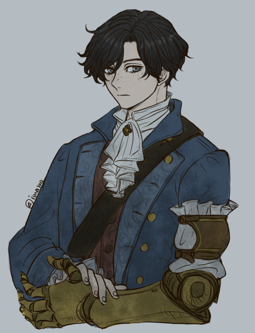 1boy, artist_name, ascot, black_hair, blue_coat, blue_eyes, buttons, closed_mouth