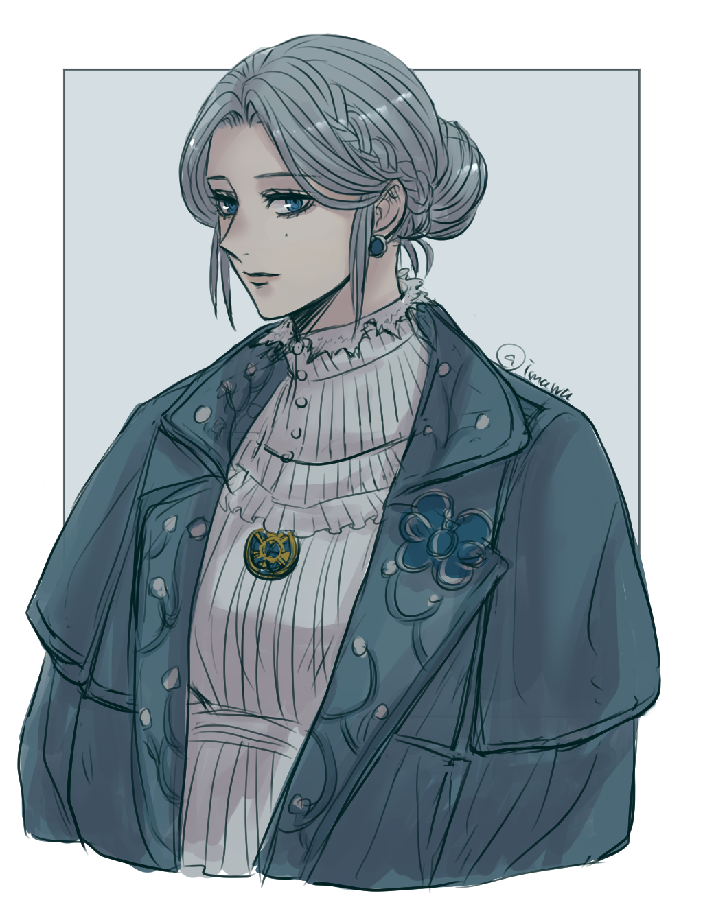 1girl, artist_name, blue_background, blue_eyes, blue_hair, blue_jacket, border, braid