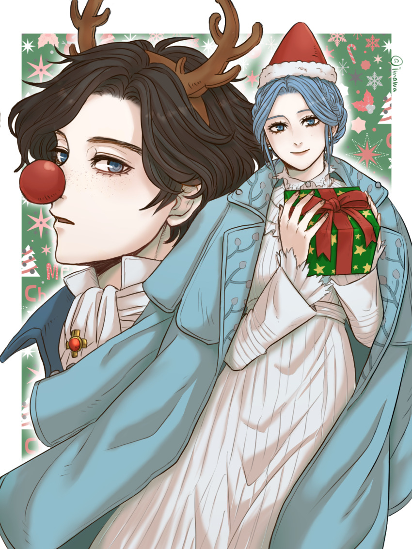 1boy, 1girl, antlers, ascot, blue_coat, blue_eyes, blue_hair, blue_jacket