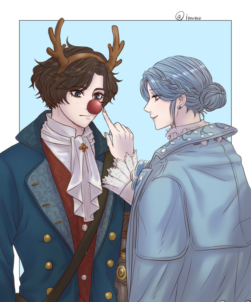 1boy, 1girl, antlers, ascot, blue_background, blue_coat, blue_eyes, blue_jacket