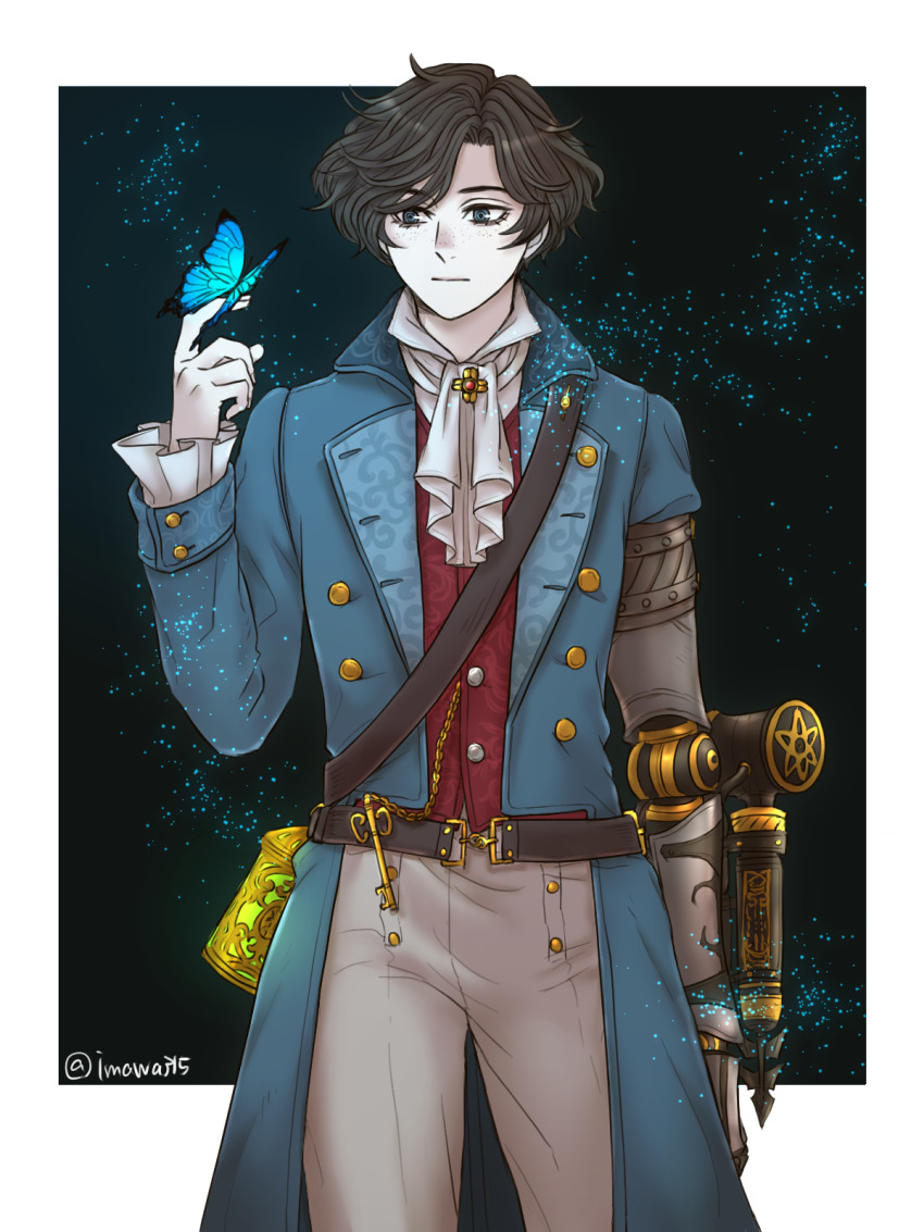 1boy, ascot, belt, blue_butterfly, blue_coat, blue_eyes, border, brown_hair