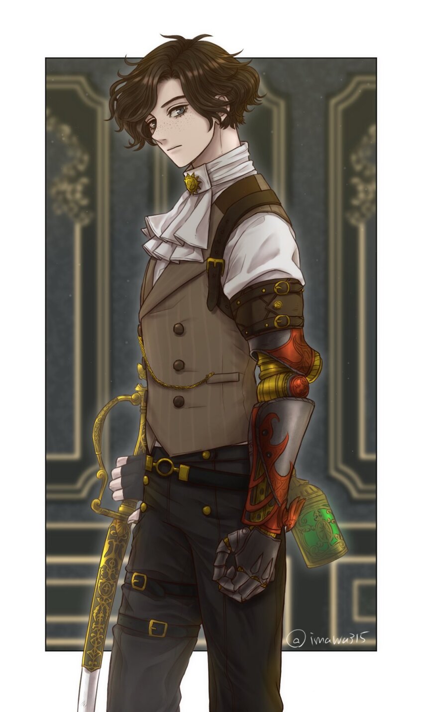 1boy, artist_name, ascot, belt, black_pants, blue_eyes, blurry, blurry_background