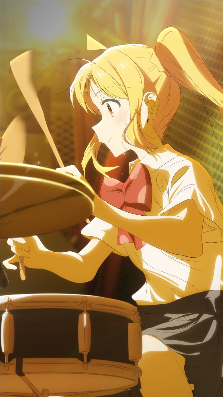 1girl, ahoge, blonde_hair, bocchi_the_rock!, bow, cloverworks, cymbals, drum, drum_set, drumsticks, grey_skirt, hi-hat, highres, holding, holding_drumsticks, ijichi_nijika, instrument, kerorira, long_hair, music, panties, playing_drums, playing_instrument, pleated_skirt, polka_dot, polka_dot_panties, red_eyes, red_ribbon, ribbon, school_uniform, shimokitazawa_high_school_uniform, shirt, side_ponytail, sitting, skirt, smile, solo, stage, stage_lights, t-shirt, underwear, white_shirt