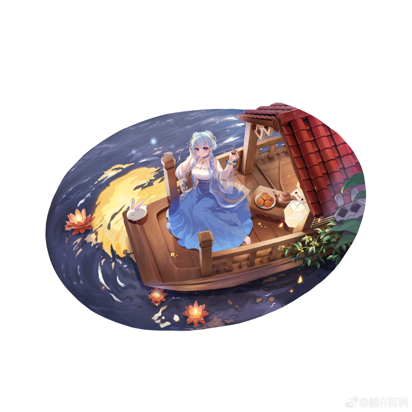 1girl, absurdres, anshan_(warship_girls_r), blue_dress, blue_hair, boat, braid, braided_hair_rings